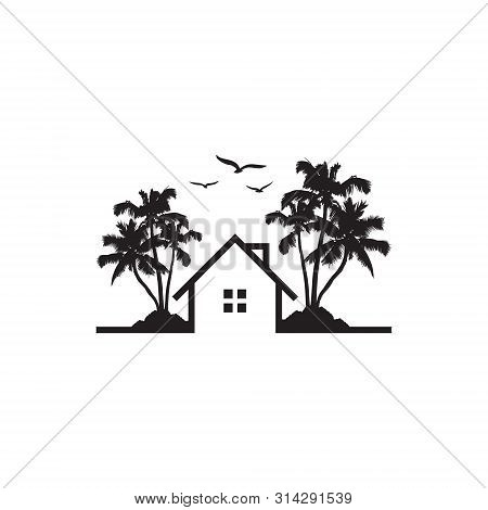 Silhouette Beach House Bungalows,seagull And Palm Trees Vector Logo Icon Illustration