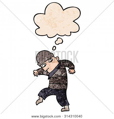 cartoon sneaking thief with thought bubble in grunge texture style