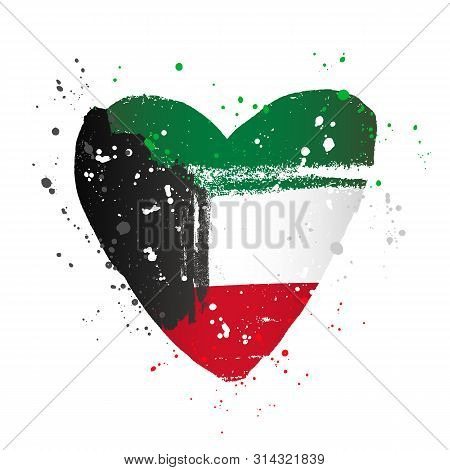 Kuwaiti Flag In The Form Of A Big Heart. Vector Illustration On White Background. Brush Strokes Draw