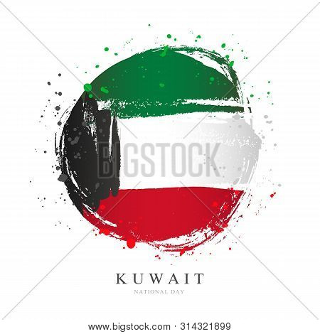 Kuwaiti Flag In The Form Of A Large Circle. Vector Illustration On White Background. Brush Strokes D