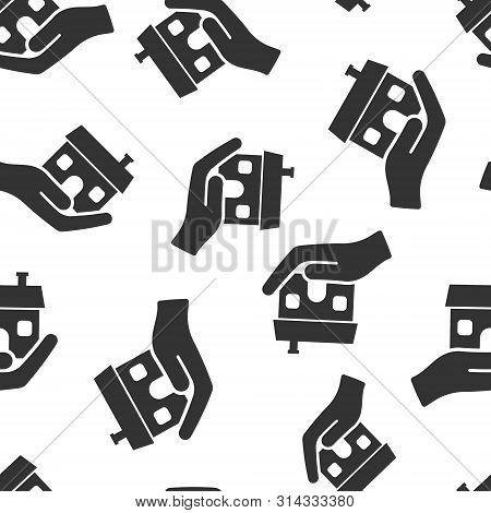Home Care Icon Seamless Pattern Background. Hand Hold House Vector Illustration On White Isolated Ba