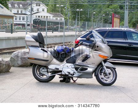 Flom, Norway, 07/19/2019: Parked Motorcycle With Equipment. Trust