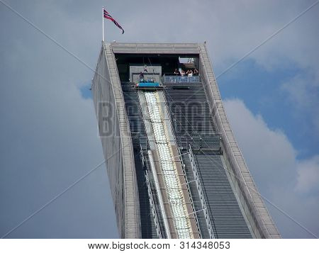 Oslo, Norway, 07/19/2019: Ski Jump In Holmenkollen. Summer Day