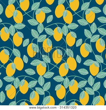 Lemon Tree On A Dark Background, In A Seamless Pattern Design