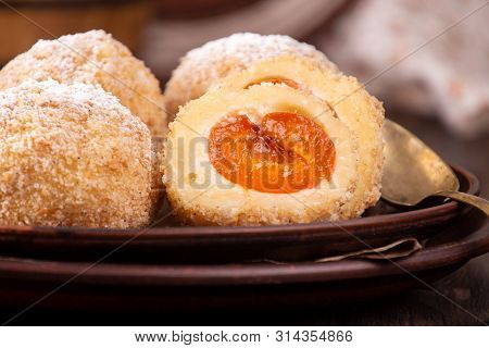 Austrian And Czech Sweet Dessert Apricot Dumplings. Filled Cottage Cheese Dough.