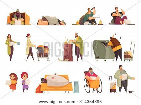 Poor Homeless People Begging Money Gathering Food From Garbage Sleeping Outdoor Flat Icons Set Isola