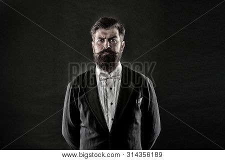 Classic Never Out Of Trend. Menswear Classic Outfit. Bearded Man With Bow Tie. Well Dressed And Scru