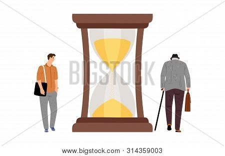Lifetime Concept. Young Boy, Elderly Man And Hourglasses. Transience Of Time Vector Illustration