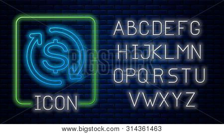 Glowing Neon Return Of Investment Icon Isolated On Brick Wall Background. Money Convert Icon. Refund