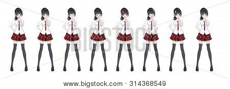 Anime Manga Girl, Cartoon Character In Japanese Style. In A White Shirt, A Red Skirt In A Cage, A Ti