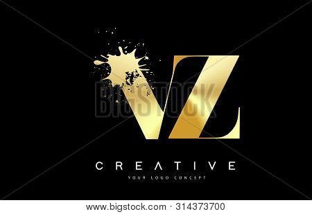 Vz V Z Letter Logo With Gold Melted Metal Splash Vector Design Illustration.
