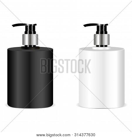 Black And White Soap Bottle Mockup. Illusrtation. 3d Realistic Bottles With Pump Set For Soap, Cream