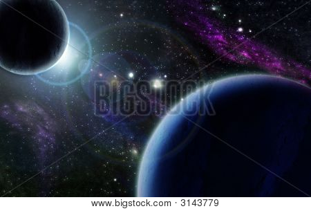 Puesta de sol con dos planeta azul