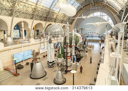Moscow, Russia - November 28, 2018: Interior exhibition in the Space pavilion at VDNH. Modern museum of russian cosmos exploration.