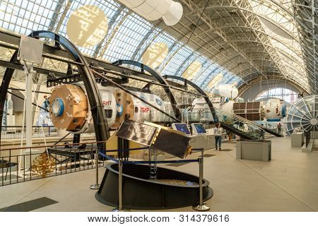Moscow, Russia - November 28, 2018: Interior exhibition in the Space pavilion at VDNH. Modern museum of russian cosmos exploration.