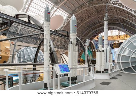 Moscow, Russia - November 28, 2018: Interior exhibition in the Space pavilion at VDNH. Modern museum of russian cosmos exploration.