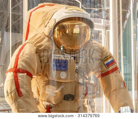 Moscow, Russia - November 28, 2018: Russian astronaut spacesuits in Moscow space museum that was specially developed for space vehicle missions.