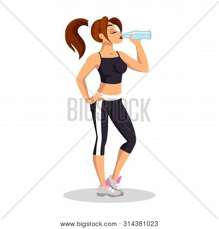 Brunette Girl In Sport Top, Short Leggins And Running Shoes Standing And Drinking Water. Young Sport