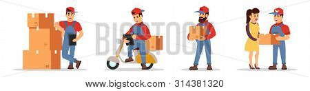 Loader Standing Near Pile Of Cardboard Boxes, Motor Scooter Driver Transporting Parcels, Courier Car