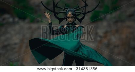 Dnipro, Ukraine- June 5, 2019: Cosplayer Portrays Death Goddess Hela From Marvel Comics.