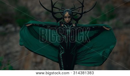Dnipro, Ukraine- June 5, 2019: Cosplayer Portrays Death Goddess Hela From Marvel Comics.
