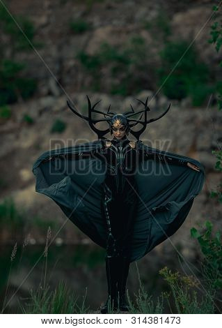 Dnipro, Ukraine- June 5, 2019: Cosplayer Portrays Death Goddess Hela From Marvel Comics.