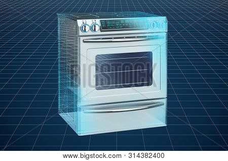 Visualization 3d Cad Model Of Electric Slide-in Convection Range, Kitchen Stove, Blueprint. 3d Rende