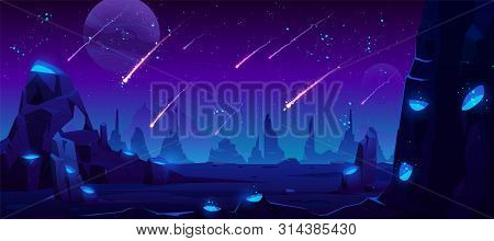 Meteor Rain At Night, Neon Space Background With Falling Stars In Dark Sky Of Alien Planet With Crat