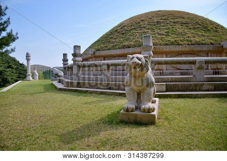 Kaesong, North Korea - May 5, 2019: Granite Lion Sculpture Near Tomb Of King Wanggon The Founder Of 