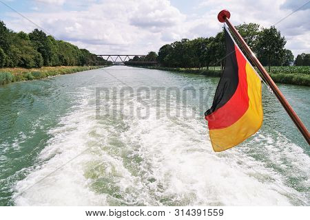 Boat Cruise On Mittellandkanal Midland Canal In Germany Between The Towns Of Minden And Bad Essen - 
