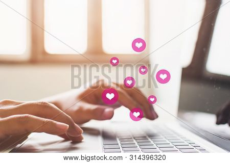 Social Network Sharing And Commenting In The Online Community, Man Hand Using Laptop And Application