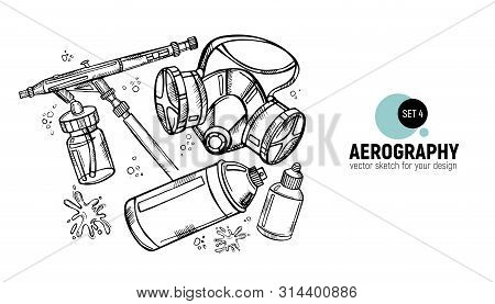 Vector Illustration Of Respirators. Aerography Tools Sketch