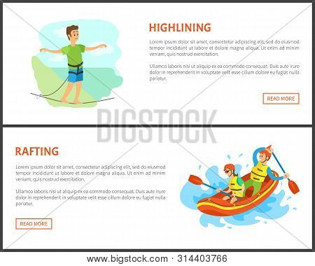 Rafting People In Boat Vector, Team Of Men And Women Active Lifestyle Youth. Highlining Male Balanci