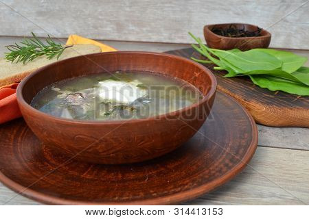 Russian Rustic Cuisine: Green Vegetables Soup With Quail Egg, Sour Cream