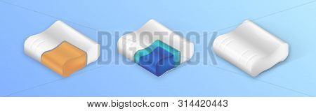 White Bed Room Orthopedic Latex Pillow Set, Cross Section View Isolated On Blue Background, Composit