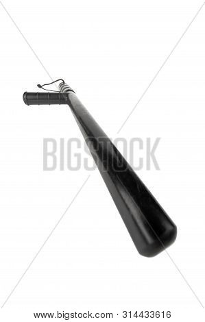 Black Classic Rubber Police Tonfa Baton Isolated On White Background With Selective Focus And Wide A