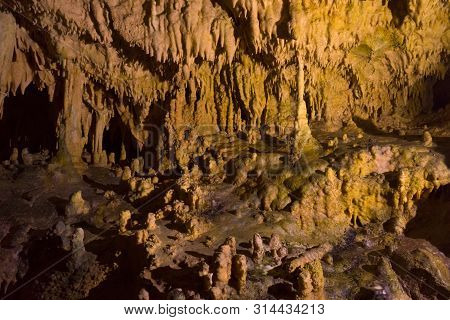 Impressive Formations Of The Stalactites And Stalagmites In Dirou Cave. Greek Destination .natural B