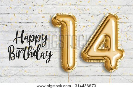 Happy 14th Birthday Gold Foil Balloon Greeting White Wall Background. 14 Years Anniversary Logo Temp