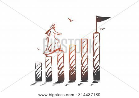Success, Leadership Concept Sketch. Arab In Hijab Going Up On Separate Logs To Reach Final With Flag