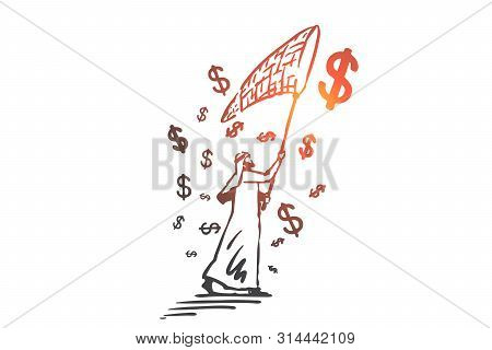 Income, Investment, Passive Income Concept Sketch. Man From Saudi Arabia Trying To Catch Dollars In 