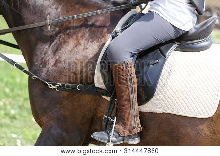 Beautiful Handmade Dressage Horse Riding Saddle With Girth, Stirrup On Saddle Pad On The Racetrack