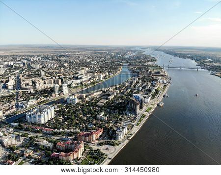 Astrakhan. Panorama Of The City Of Astrakhan. The Bridge Over The Highway Bridge Across The Volga. M