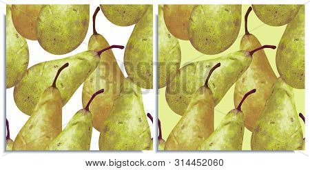 Vector Set Of Seamless Patterns With Hand-drawn Harvest Juicy, Delicious Rich Soft Pears Conference,