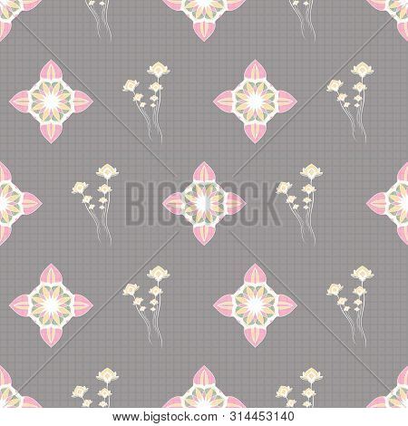 Seamless Colored Ornate Pattern With Lotus Floral, Grids And Mandala Elements. Vector Template For F