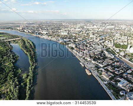 Astrakhan. Panorama Of The City Of Astrakhan. The Central Embankment Of The City, Swan Lake. The Bri