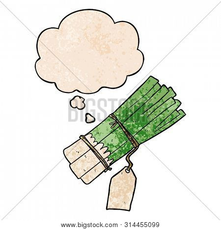 cartoon organic leeks with thought bubble in grunge texture style