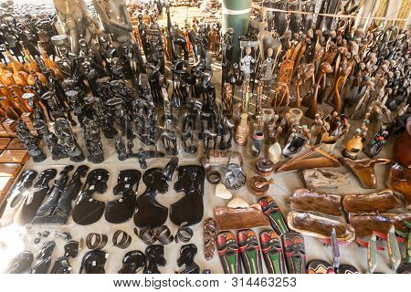 African Wooden Art Souvenir Sold On  Open Air Market In Maputo, Mozambique