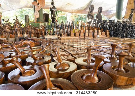 African Wooden Art Souvenir Sold On  Open Air Market In Maputo, Mozambique