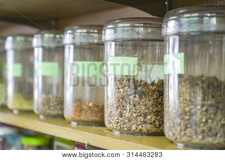 Close Up Thai Herb For Medicine In Traditioncal Thai Herb Shop In Bangkok Thailand.