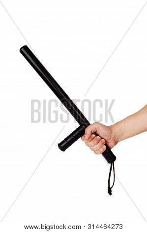 Bare Hand With Black Rubber Police Baton Isolated On White Background